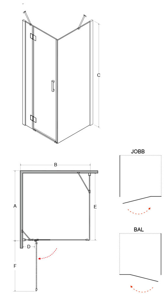 VIVA 1 ajtós szögletes zuhanykabin méretrajz